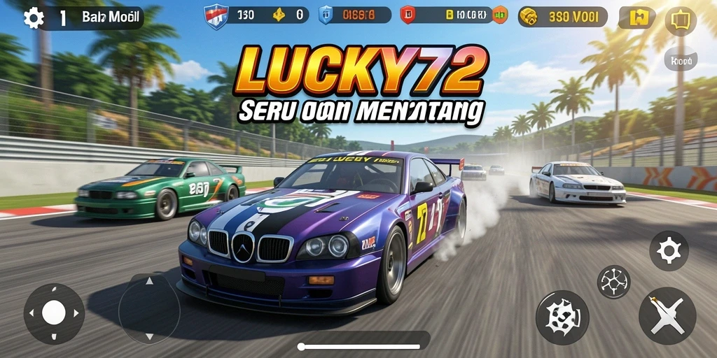 Screenshot utama LUCKY72 menampilkan aksi balap mobil yang seru.