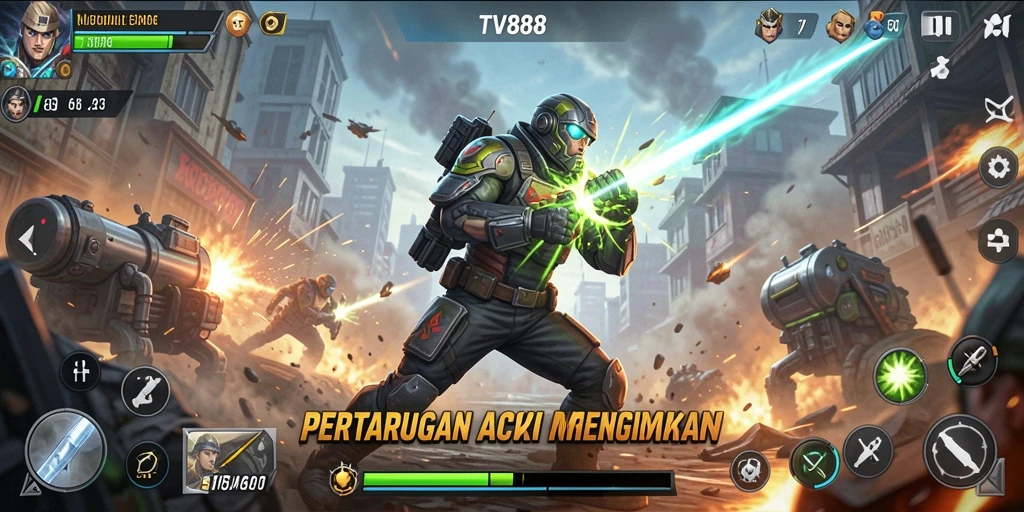 Screenshot utama TV888 menampilkan aksi seru dan karakter yang dinamis.